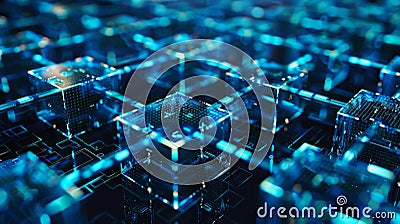 connected blocks on screen represent blockchain tech, showcasing decentralized network secure data storage concept Cartoon Illustration