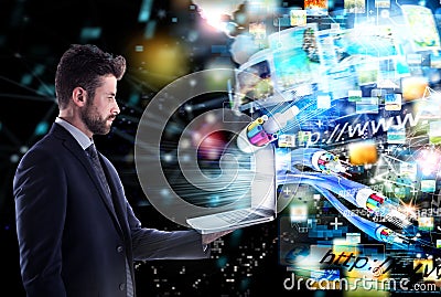 Connected businessman with optical fiber. concept of fast internet sharing Stock Photo