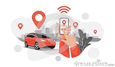 Connected Car Parking Share Ride Service Remote Controlled Via Smartphone App Vector Illustration