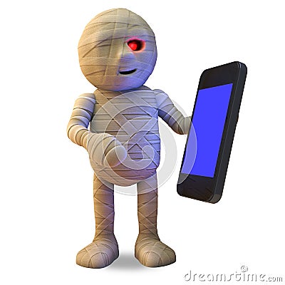 Connected cartoon Egyptian mummy monster plays with his new smartphone tablet device, 3d illustration Cartoon Illustration