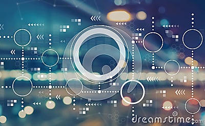 Connected circles chart with blurred city lights Stock Photo