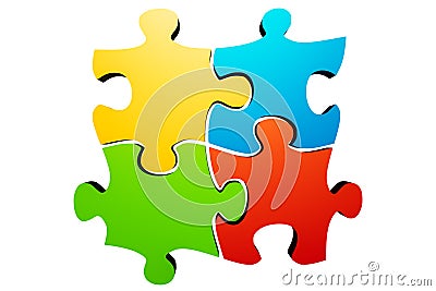 Connected colorful jigsaw puzzle parts or pieces isolated on a white background. Teamwork, team building, solidarity, synergy, Cartoon Illustration