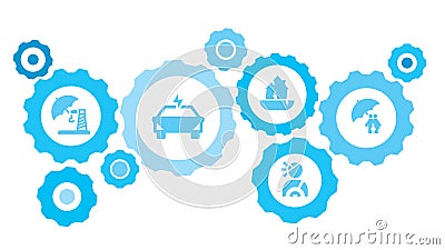 Connected gears and icons for logistic, service, shipping, distribution, transport, market, communicate concepts. Care, family, Stock Photo