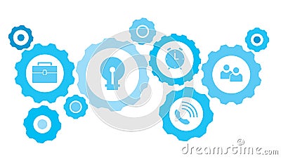 Connected gears and vector icons for logistic, service, shipping, distribution, transport, market, communicate concepts. avatars, Stock Photo