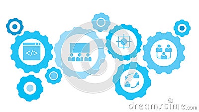 Connected gears and vector icons for logistic, service, shipping, distribution, transport, market, communicate concepts. avatars, Stock Photo