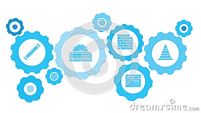 Connected gears and vector icons for logistic, service, shipping, distribution, transport, market, communicate concepts. building Stock Photo