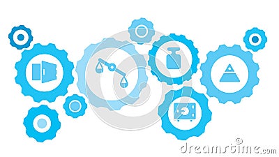 Connected gears and vector icons for logistic, service, shipping, distribution, transport, market, communicate concepts. Finance, Stock Photo