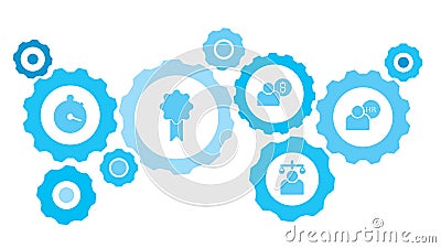 Connected gears and vector icons for logistic, service, shipping, distribution, transport, market, communicate concepts. human Stock Photo