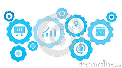 Connected gears and vector icons for logistic, service, shipping, distribution, transport, market, communicate concepts. website, Stock Photo