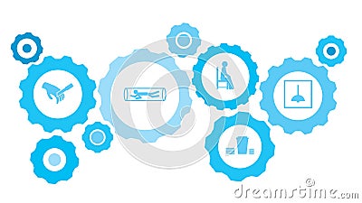 Connected gears and vector icons for logistic, service, shipping, distribution, transport, market, communicate concepts. workers, Stock Photo