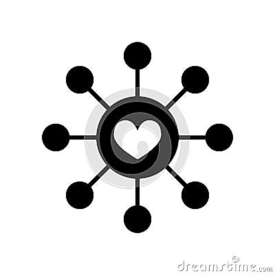 Connected loving heart line icon, solid vector sign, linear style pictogram isolated on white. Hub and spoke with heart Vector Illustration