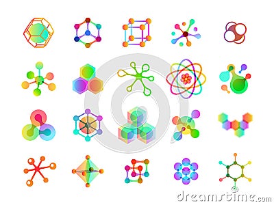 Connected molecules. Molecular cell, energy molecules colorful icons. Connect elements and structure of science biology Vector Illustration