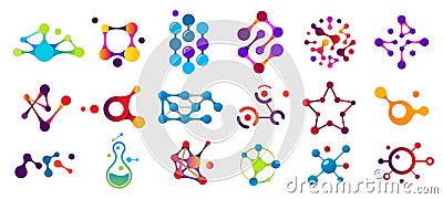 Connected molecules. Molecule connection model, chemistry particle and color molecular structure isolated flat vector Vector Illustration