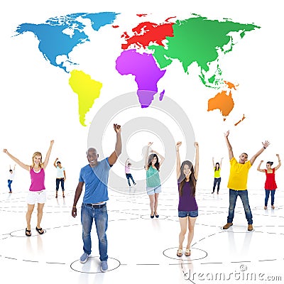 Connected Multi-Ethnic People Arms Raised and Colorful World Above Stock Photo