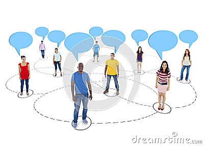 Connected Multi-Ethnic People with Empty Speech Bubbles Above Stock Photo