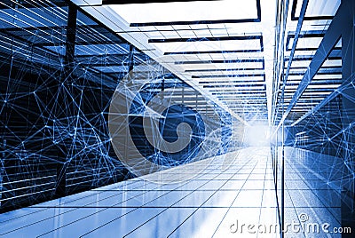 Connected polygons plexus geometric background with splashes of light. Digital data visualization. Abstract rendering. Scientific Stock Photo