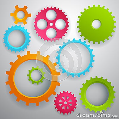 Connected realistic dimensional gear cogs silhouettes Vector Illustration