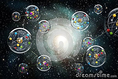 Connected spheres with molecules connected to each other. Parallel universes concept. 3D illustration Cartoon Illustration