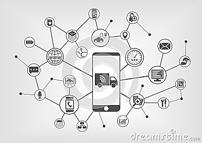 Connected trucks and autonomous driving infographic with smart phone Vector Illustration