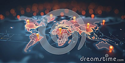Connected way marks or highlighted points, show the way to the desired destination on a route on a world map Stock Photo