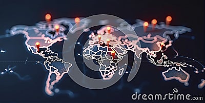 Connected way marks or highlighted points, show the way to the desired destination on a route on a world map Stock Photo