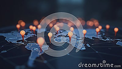 Connected way marks or highlighted points, show the way to the desired destination on a route on a world map Stock Photo