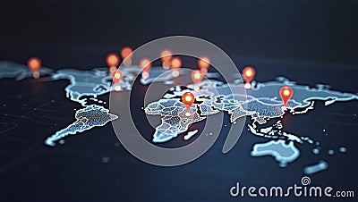 Connected way marks or highlighted points, show the way to the desired destination on a route on a world map Stock Photo
