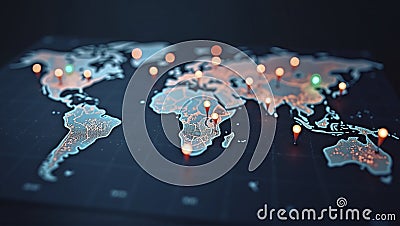 Connected way marks or highlighted points, show the way to the desired destination on a route on a world map Stock Photo