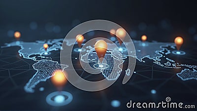 Connected way marks or highlighted points, show the way to the desired destination on a route on a world map Stock Photo