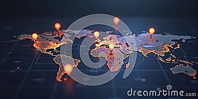 Connected way marks or highlighted points, show the way to the desired destination on a route on a world map Stock Photo