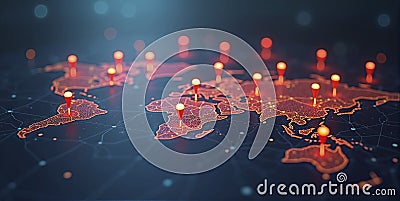 Connected way marks or highlighted points, show the way to the desired destination on a route on a world map Stock Photo