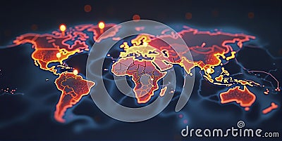 Connected way marks or highlighted points, show the way to the desired destination on a route on a world map Stock Photo