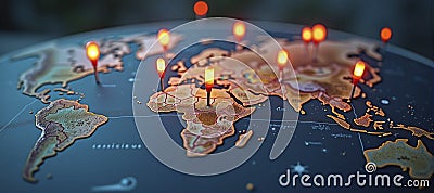Connected way marks or highlighted points, show the way to the desired destination on a route on a world map Stock Photo