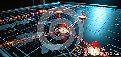 Connected waymarks or highlighted points, show the way to the desired destination on a route on a map or in a landscape Stock Photo