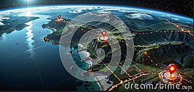 Connected waymarks or highlighted points, show the way to the desired destination on a route on a map or in a landscape Stock Photo