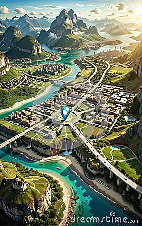 Connected waymarks or highlighted points, show the way to the desired destination on a route on a map or in a landscape Stock Photo
