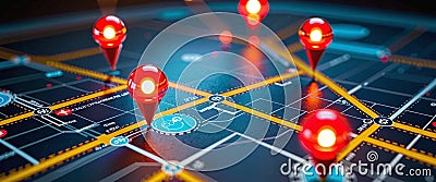 Connected waymarks or highlighted points, show the way to the desired destination on a route on a map or in a landscape Stock Photo