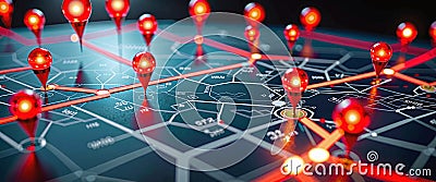 Connected waymarks or highlighted points, show the way to the desired destination on a route on a map or in a landscape Stock Photo