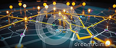 Connected waymarks or highlighted points, show the way to the desired destination on a route on a map or in a landscape Stock Photo