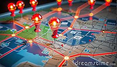 Connected waymarks or highlighted points, show the way to the desired destination on a route on a map or in a landscape Stock Photo