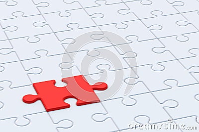 Connected white puzzle jiggle pieces and one of red color. Educational games. Hobby and leisure Stock Photo