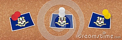 Connecticut flag pinned in cork board, three versions of Connecticut flag Vector Illustration