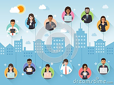 Connecting businessman and businesswoman via social network Vector Illustration
