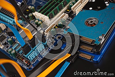 Connecting hard drives and SSD drives in a computer using the SATA interface Stock Photo