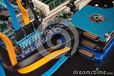 connecting hard drives and SSD drives in a computer using the SATA interface, choosing SATA2 or SATA3, connecting drives in a comp Stock Photo