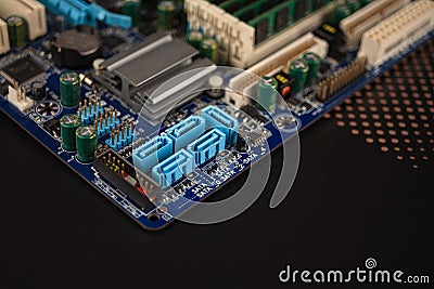 Connecting hard drives and SSD drives in a computer using the SATA interface, choosing SATA2 or SATA3, connecting drives in a comp Stock Photo