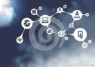 Connecting icons against cloudy sky background Stock Photo