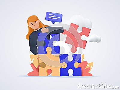 Connecting puzzle elements. Team metaphor. Business approach, brainstorming. 3D Web Vector Illustrations. Team metaphor Vector Illustration