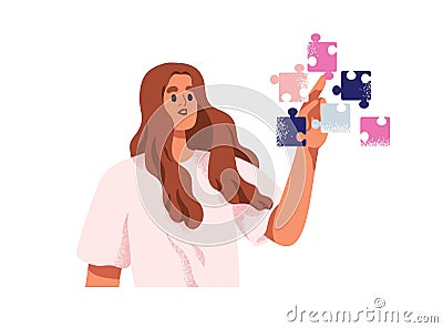 Connecting puzzle, joining jigsaw pieces with hand. Smart woman thinking, solving problem, finding solution. Logic and Vector Illustration
