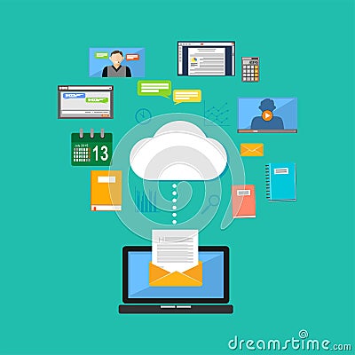 Connecting to cloud computing concept. Accessing cloud contents. Multimedia internet contents Vector Illustration